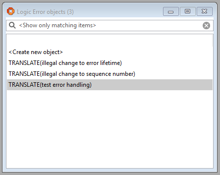 Create new object dialog with the logic error TRANSLATE(test error handling)